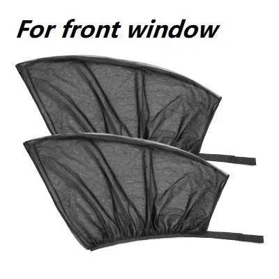 Stretch-fit mesh sunshades installed on a car's front and rear side windows for sun and insect protection.