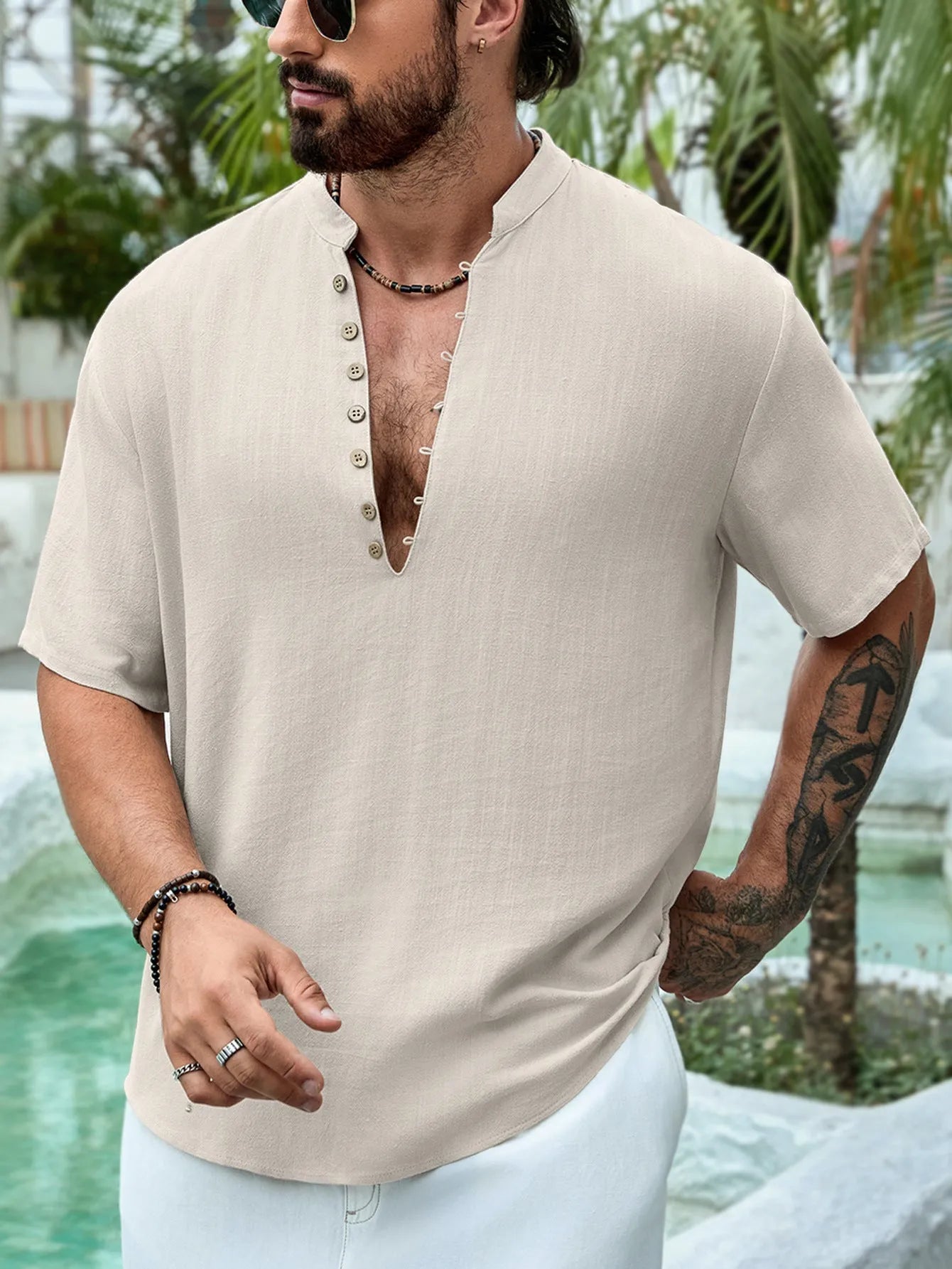 Men's deep V-neck short sleeve casual shirt in cotton linen blend fabric with multi-button front