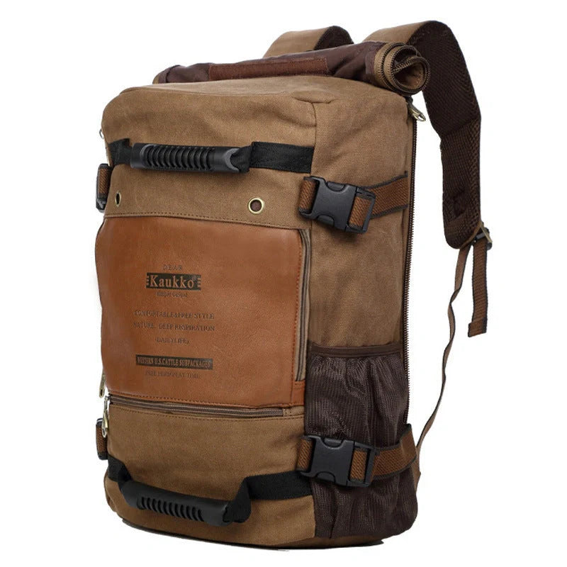 Men's durable canvas backpack with multiple pockets for travel and school