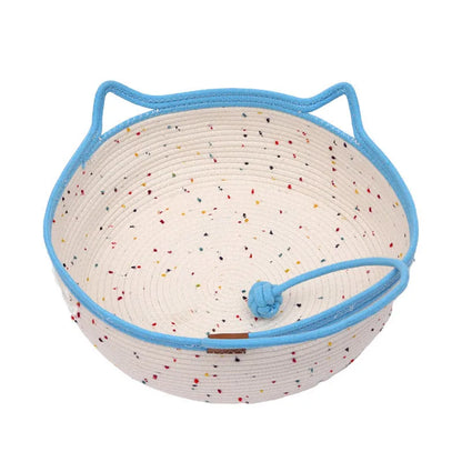 Cotton and hemp rope cat nest mat pet bed shown in small, medium, and large sizes.