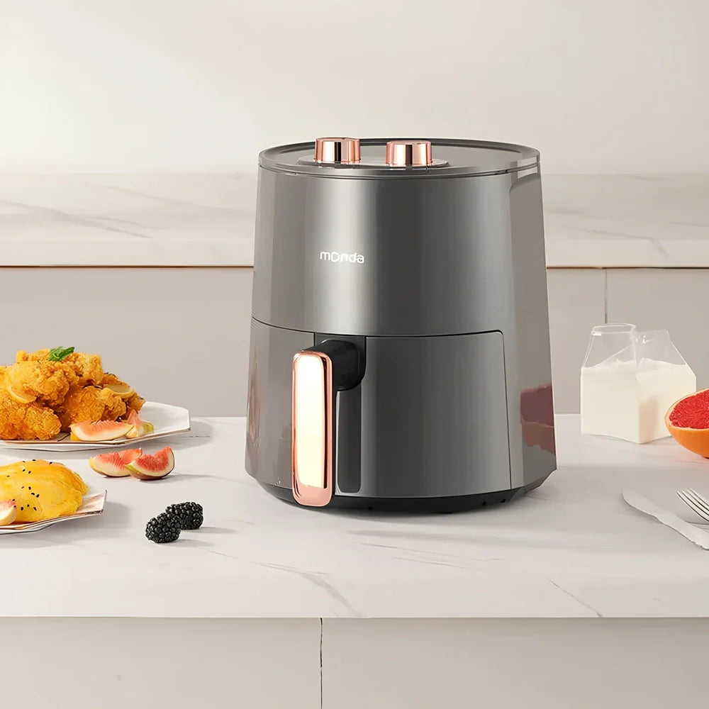 Automatic air fryer in light luxury gray with double knob controls and 4.5L cooking capacity
