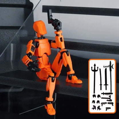 Highly posable 3D printed robot mannequin toy with interchangeable accessories, including wings and weapons