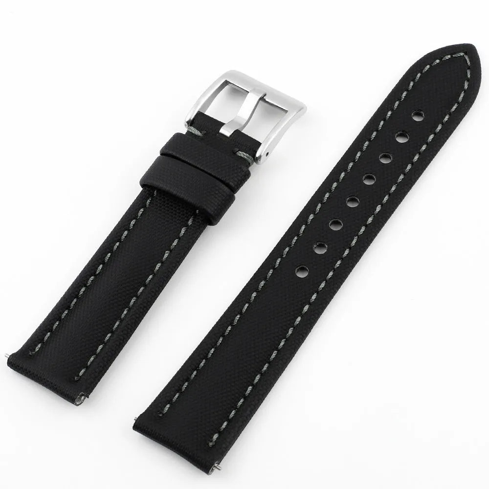 Oxford water-repellent cloth leather watch strap in black, blue, green, grey or beige, 18mm to 22mm width