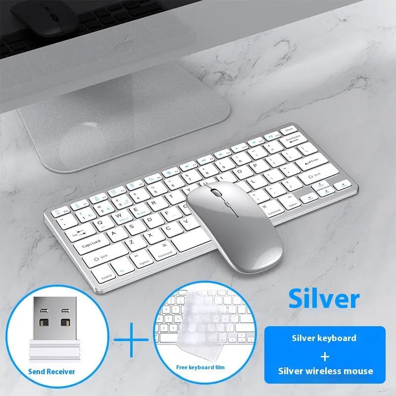 Black ultra-thin wireless keyboard and mouse combo with USB receiver and keyboard cover on a desk.