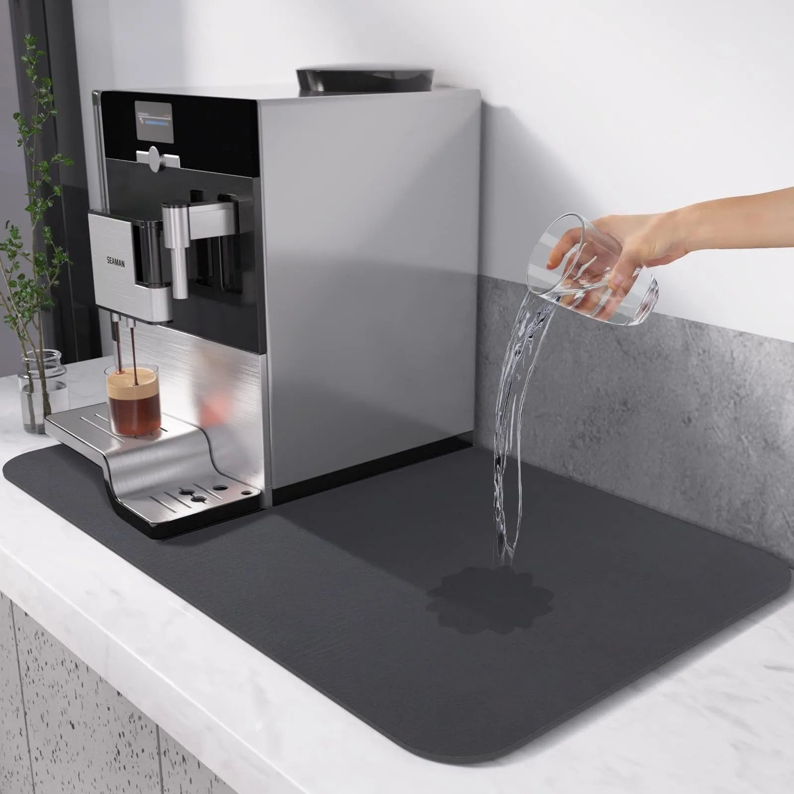 Black square kitchen drain pad with PU leather surface and rubber anti-slip backing