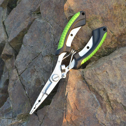 PE39 multifunctional fishing pliers with medium straight mouth and hook, showing colour handle options