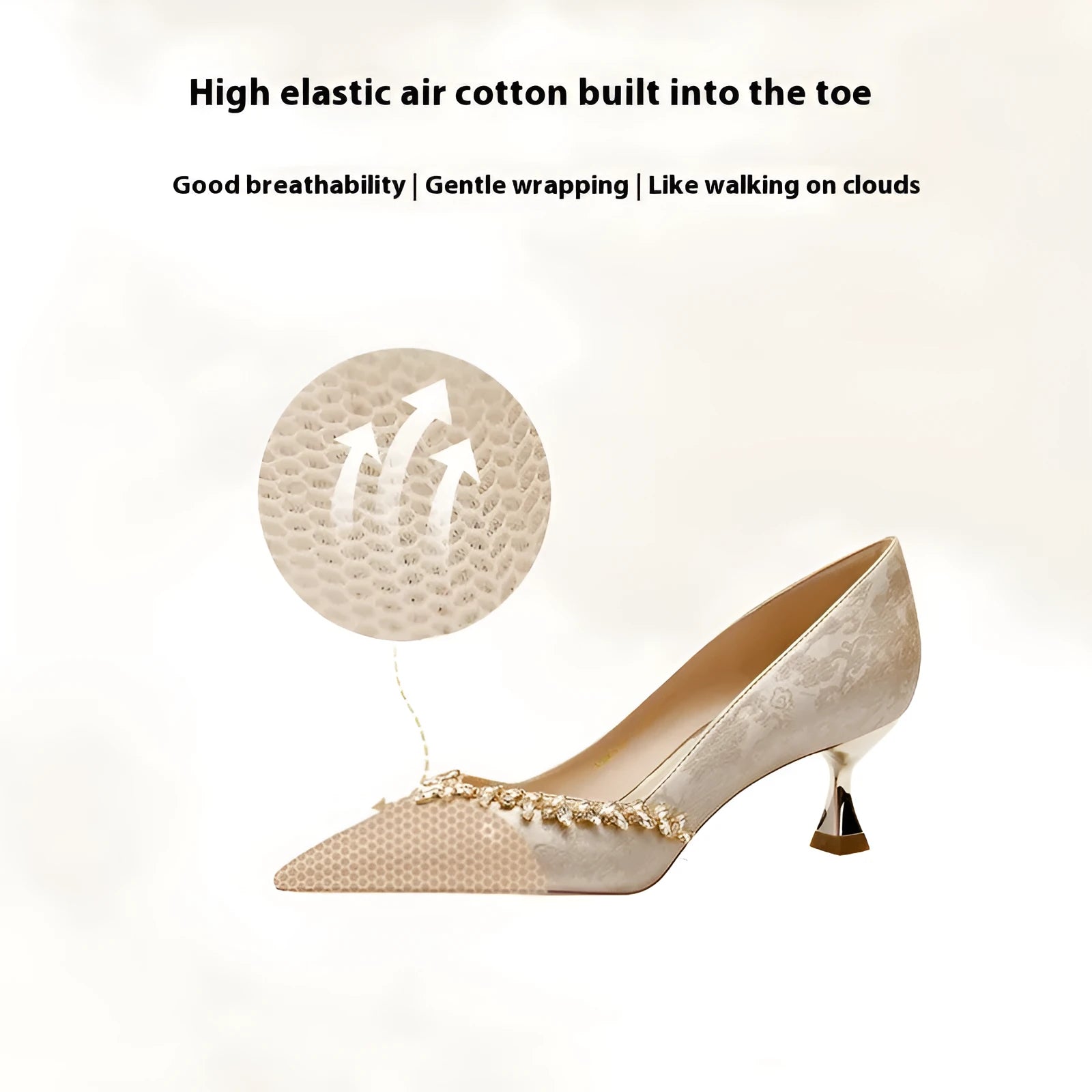 Chinese style wedding shoes with satin upper, rhinestone decoration and slip-on closure in champagne colour