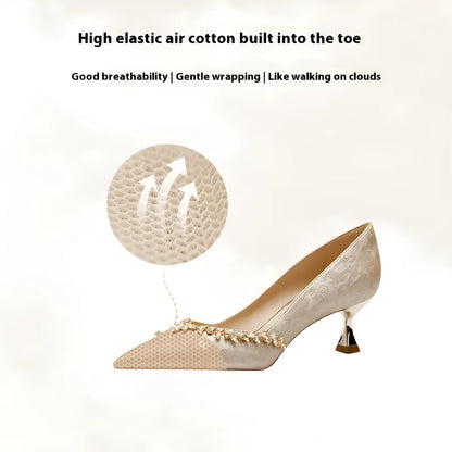 Chinese style wedding shoes with satin upper, rhinestone decoration and slip-on closure in champagne colour