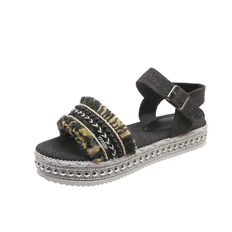 Women's denim tassel sandals with thick flat heel and hemp rope sole in black and blue