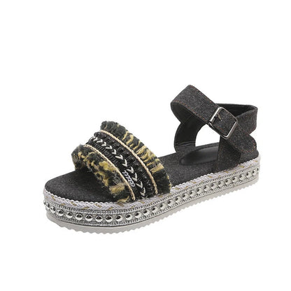 Women's denim tassel sandals with thick flat heel and hemp rope sole in black and blue