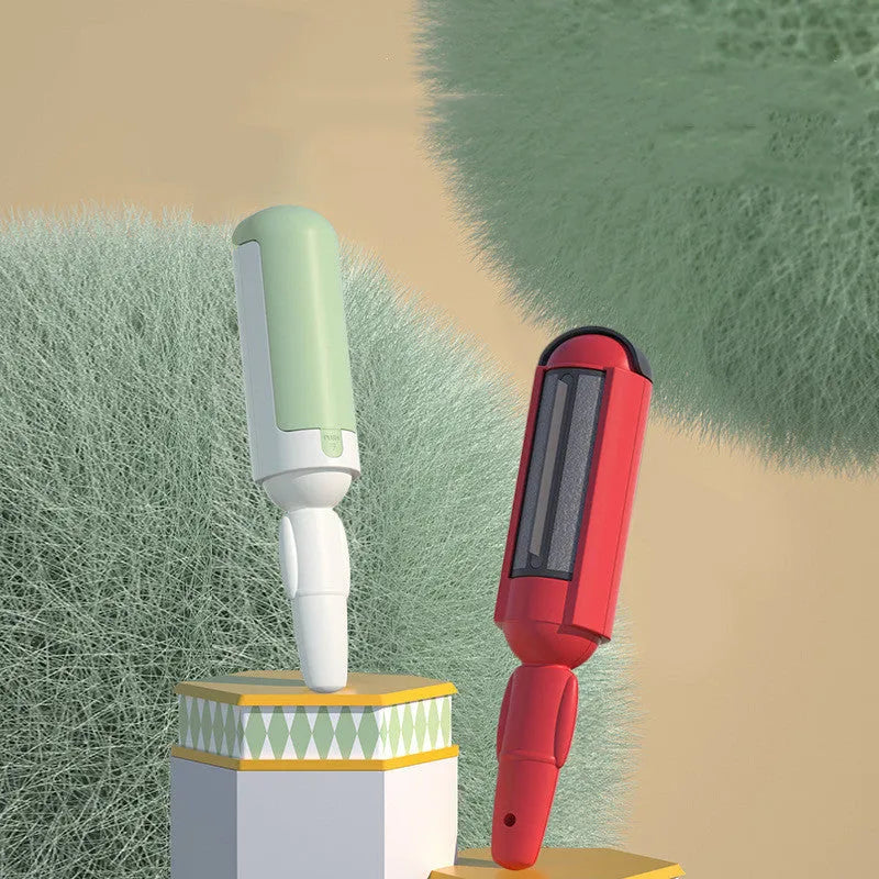 Reusable pet hair remover roller with nylon brush and non-slip BPA-free plastic handle in red and black colours.