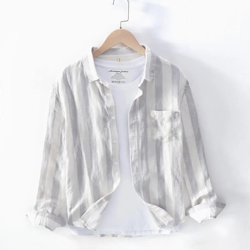 Men's loose blue Hong Kong style long sleeve shirt for spring and summer casual wear