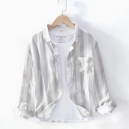 Men's loose blue Hong Kong style long sleeve shirt for spring and summer casual wear