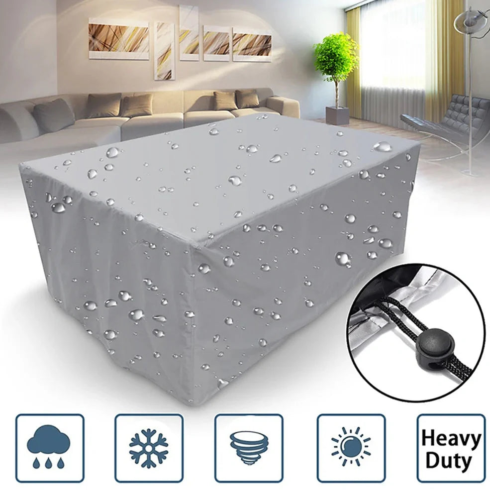 Waterproof furniture cover protecting outdoor table and chairs from rain with integrated storage bag