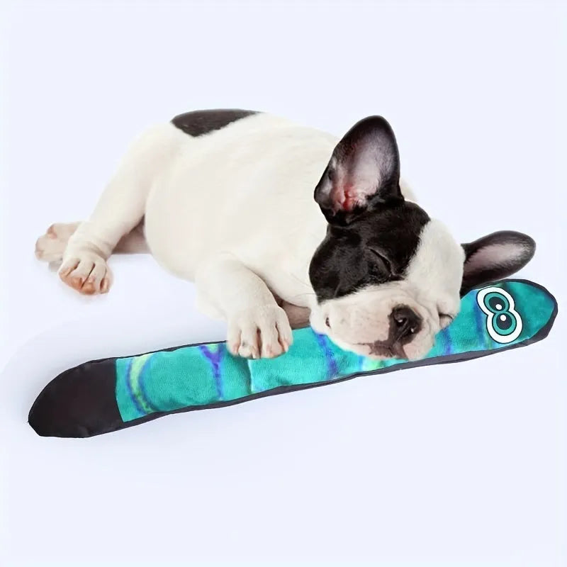 Multicolour striped plush snake dog squeaky toy on a white background.