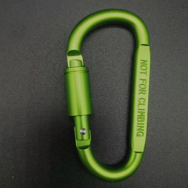 D-type aluminium climbing carabiner with screw-lock gate in bright black colour, 8cm flat design