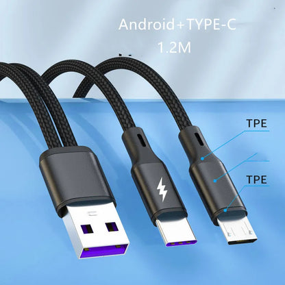Black braided dual-port Android charging cable with aluminium connectors charging two smartphones simultaneously
