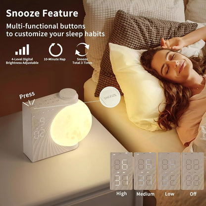 Moon Light Clock with wake-up light and dual alarm features on bedside table