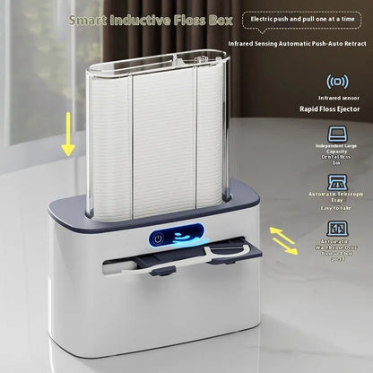 Dark grey automatic electric dental floss box with pop-up mechanism on a bathroom counter.