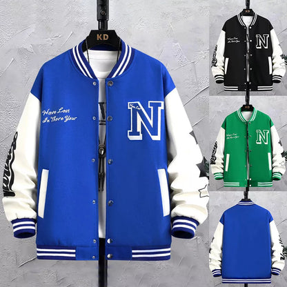 Men's letter print color block baseball jacket in black, blue, or green with round neck and button details