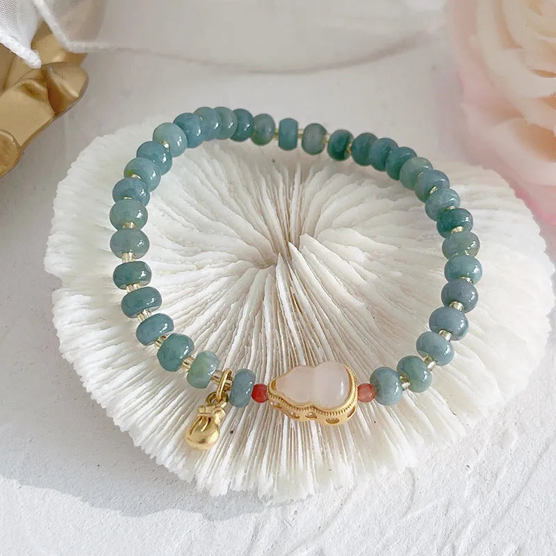 Blue Hetian jade gourd peace buckle bracelet with strawberry quartz beads and adjustable length