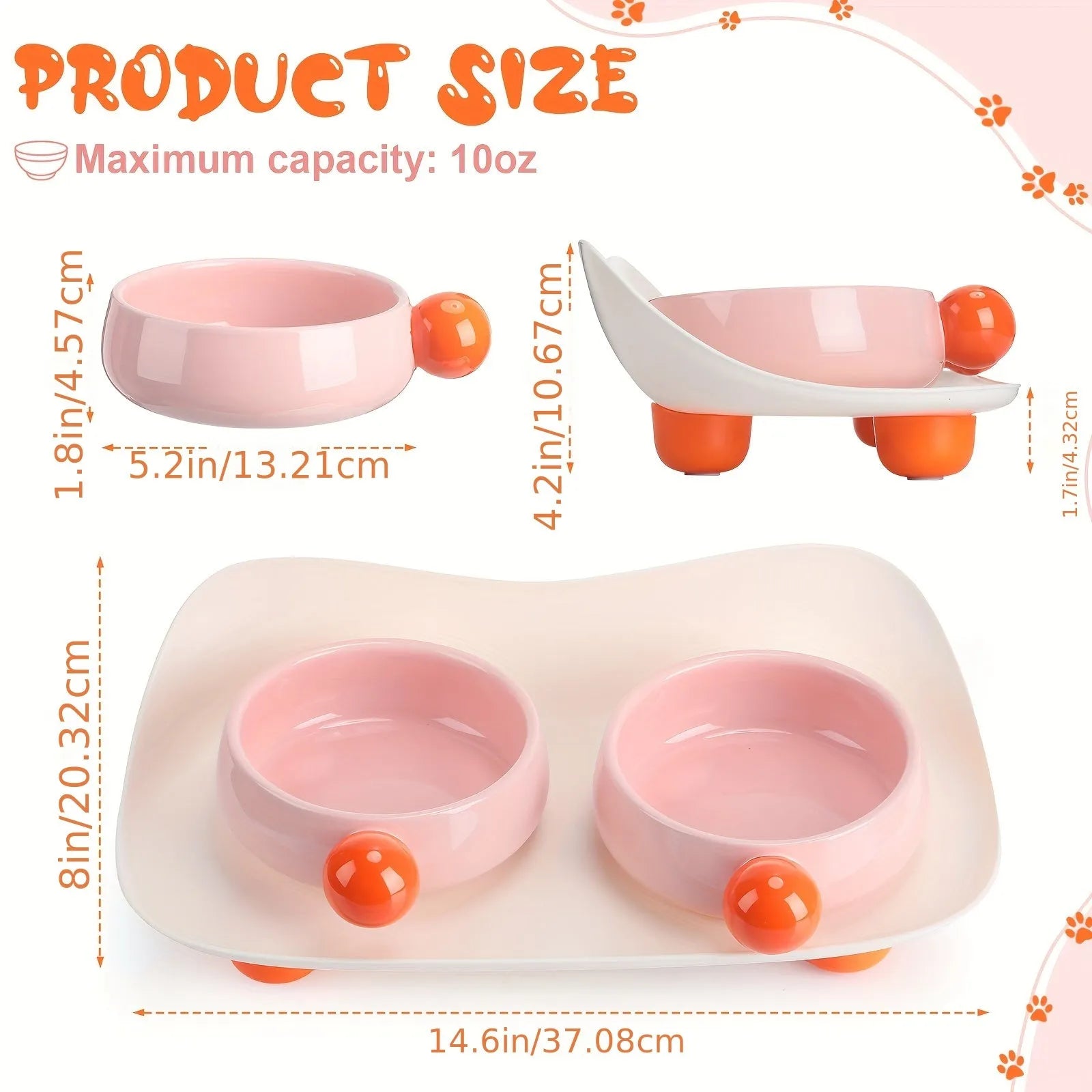 Ceramic raised pet bowl set with two bowls and non-slip base in pink, yellow and pink-yellow colours