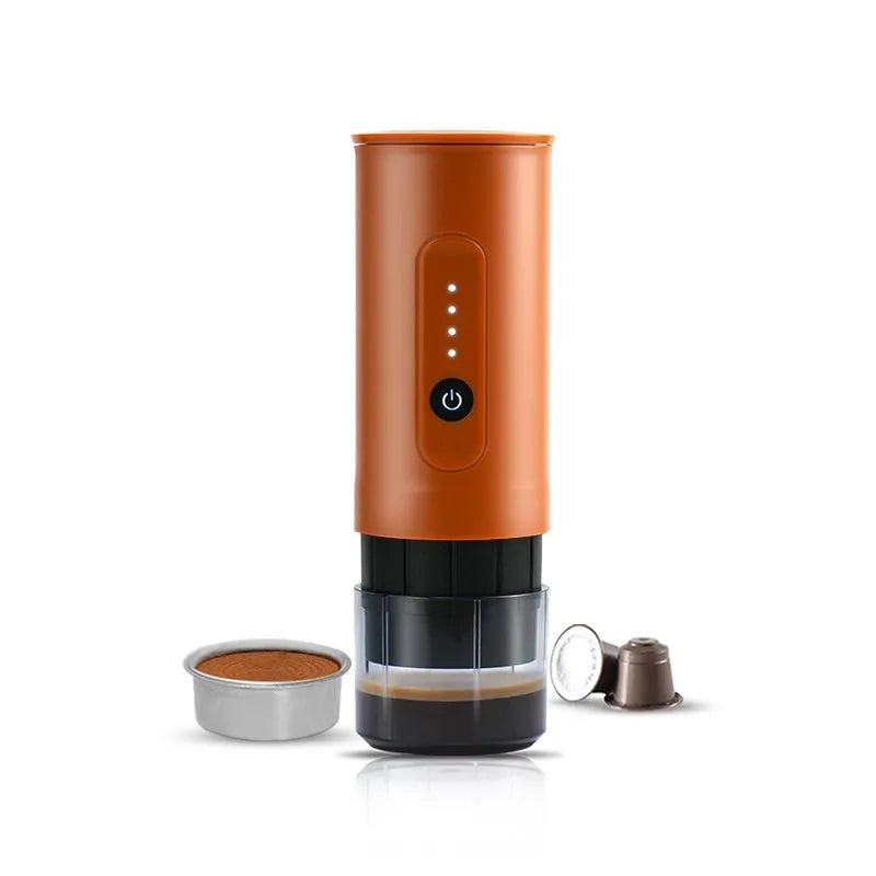 Portable stainless steel coffee machine with car charger cable in moonlight white colour