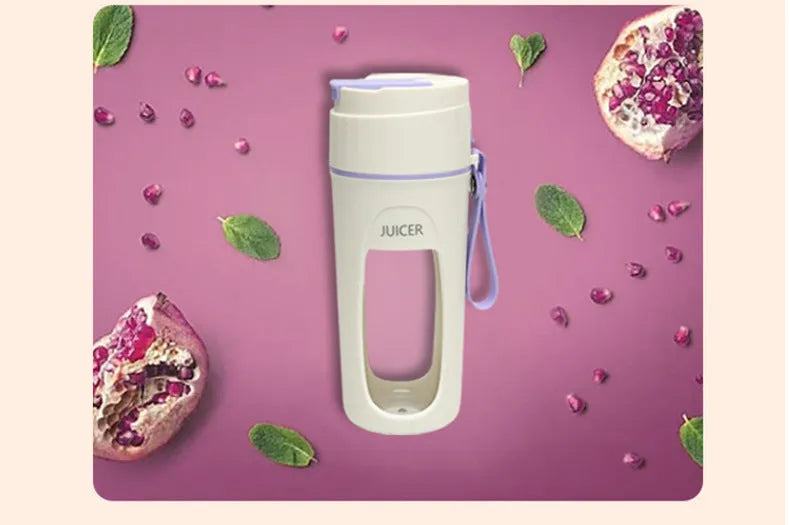 USB rechargeable portable juicer cup with glass liner in grass green, light purple, or fresh orange.