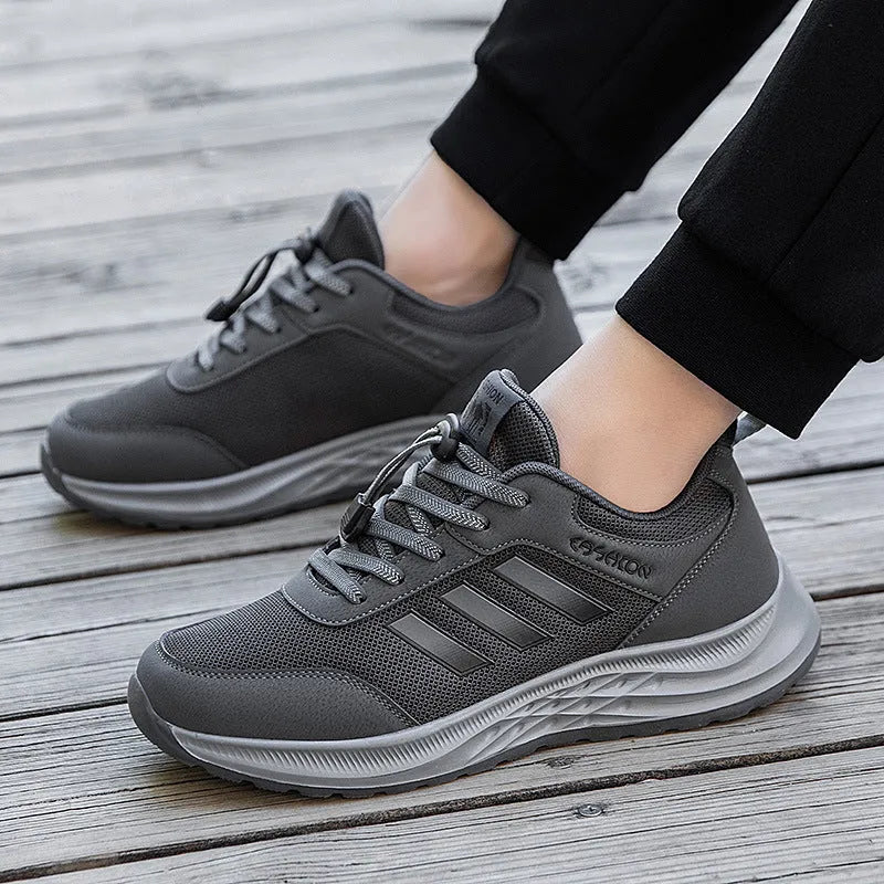 Breathable mesh slip-on mom shoes for men and women in black, dark grey, purple, and purplish red colours.