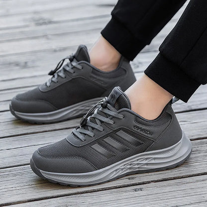 Breathable mesh slip-on mom shoes for men and women in black, dark grey, purple, and purplish red colours.
