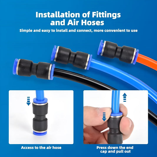 60-piece pneumatic push-in connector set with alloy plastic construction showing R1/4 and R1/2 interfaces for workshop air lines