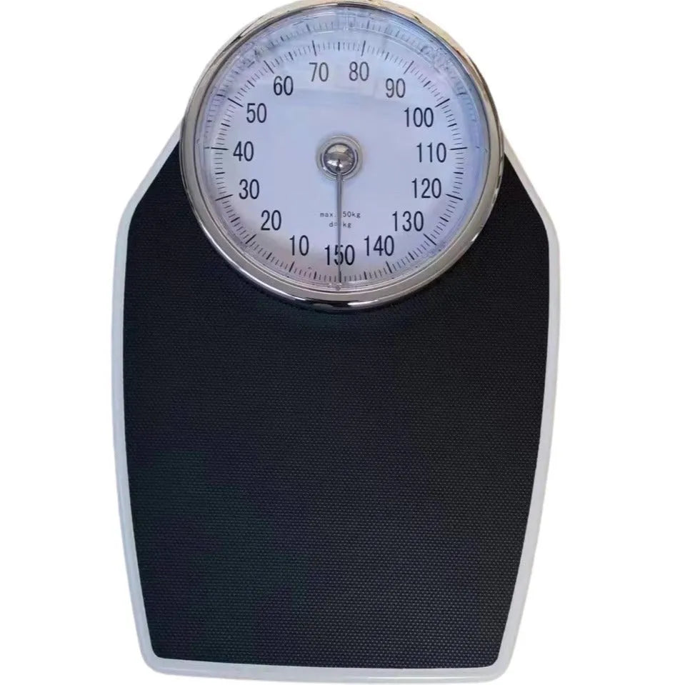Black mechanical body weight scale with large dial, measuring 47x35x11cm