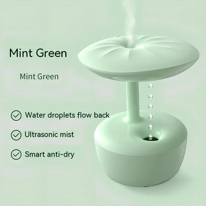 White lotus leaf shaped USB humidifier with mist output and LED illumination on wooden surface