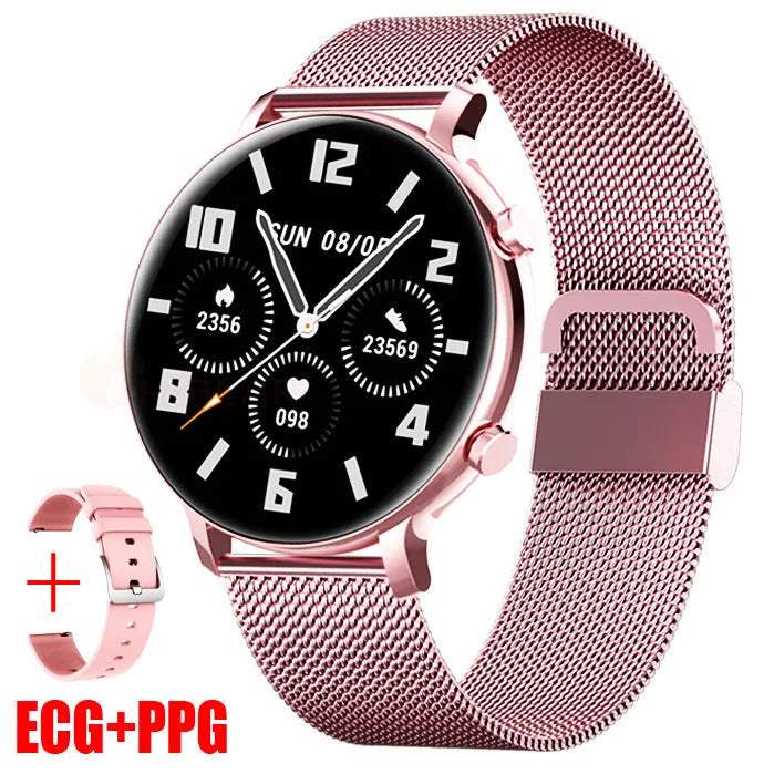 Bluetooth smartwatch with stainless steel strap showing heart rate monitoring display