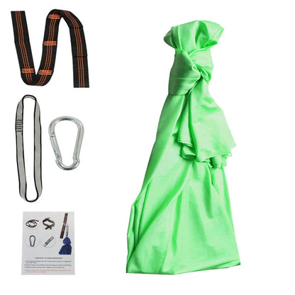 Child in black therapy swing cocoon with multi-loop daisy chain height adjustment system