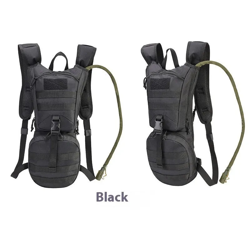 Green camouflage cycling hydration backpack with large main compartment and ergonomic back panel.