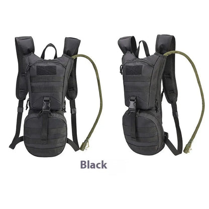 Green camouflage cycling hydration backpack with large main compartment and ergonomic back panel.