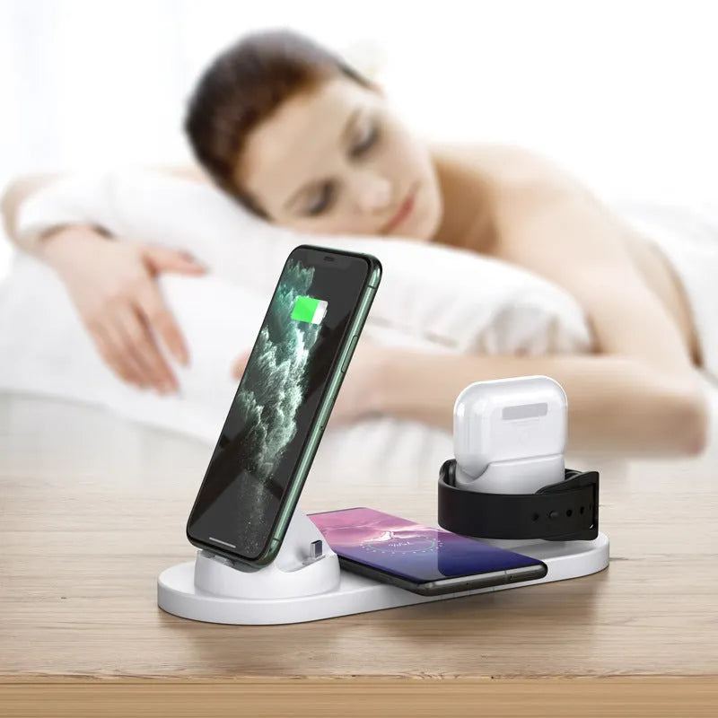 Black or white 6-in-1 wireless charging mobile phone holder station for Apple devices.