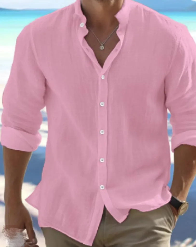 Men's white long-staple cotton pullover shirt with collage stitching detail, sizes S to 5XL
