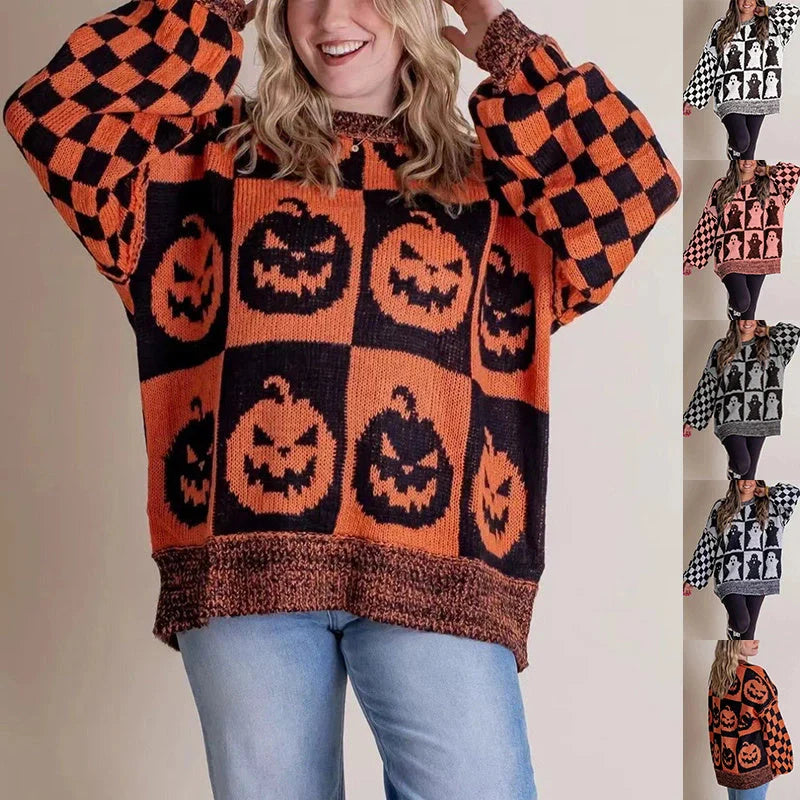 A stylish Halloween sweater featuring a unique pumpkin and ghost graphic design, available in a variety of fashion-forward colors.
