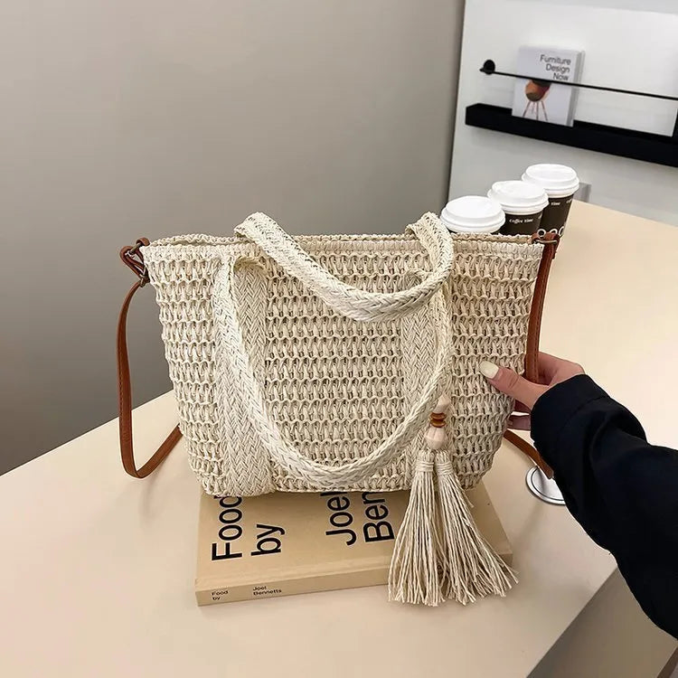 Women's Portable Straw Shoulder Crossbody Bag Large Capacity Woven Summer Handbag in Milky White or Khaki with Soft Unlined Polyester Lining