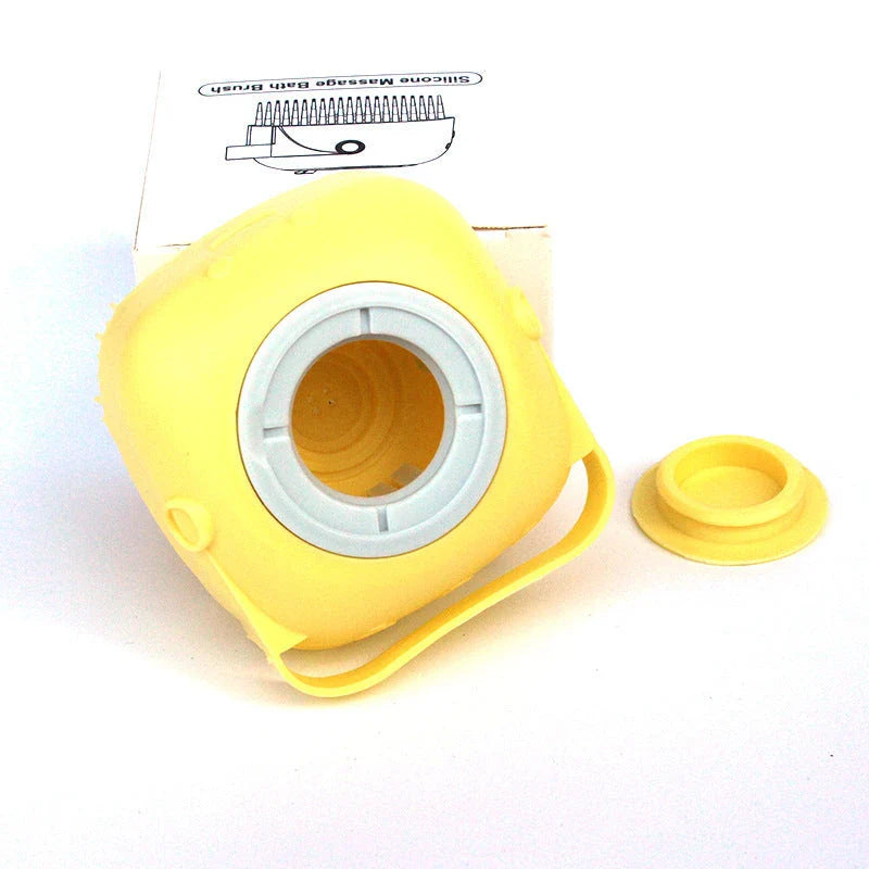 Silicone pet bath brush with shampoo dispenser, designed for gentle grooming and soothing massage