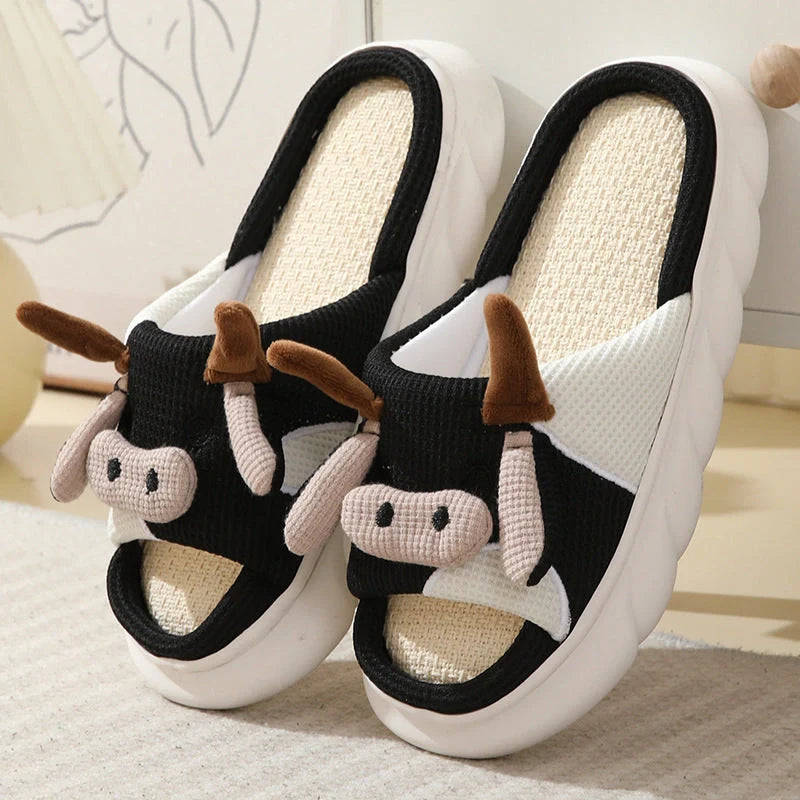 Cartoon Cow Frog Slippers with non-slip soles and linen uppers