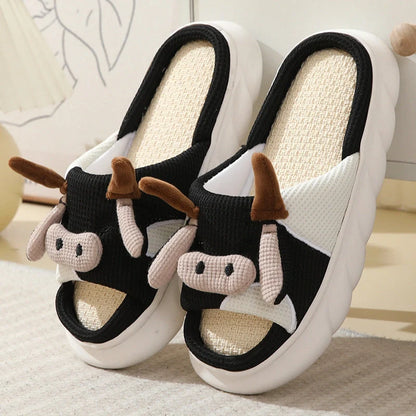 Cartoon Cow Frog Slippers with non-slip soles and linen uppers