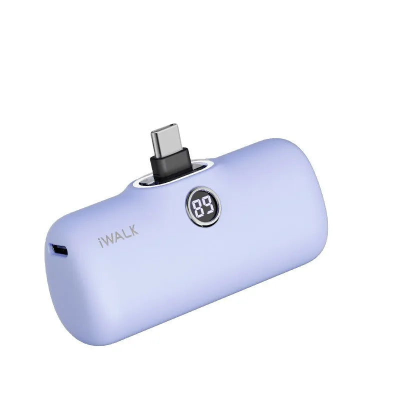 Compact lipstick-style power bank showing screen display with battery percentage, measuring 78mm x 51mm x 25mm
