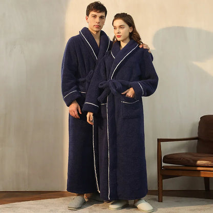 Winter flannel bathrobe with thick 301-350g/m² fabric in 2102 navy blue colour, European/American style
