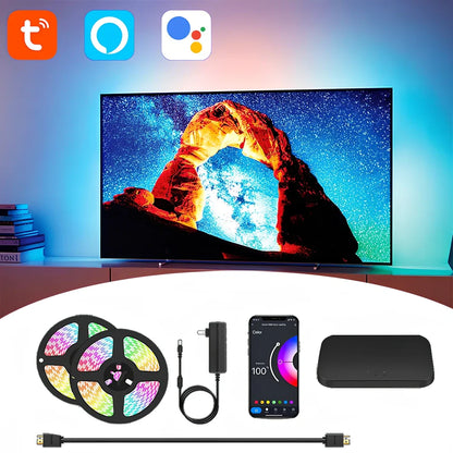 TV ambient light with 60 LED beads per metre, HDMI sync box, and light strips for screen background lighting