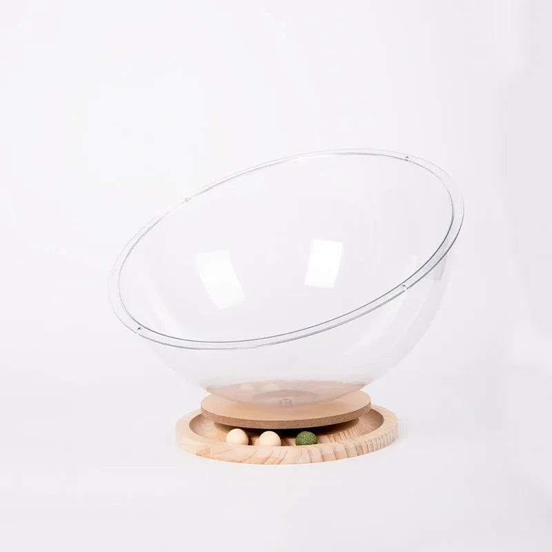 Transparent acrylic cat bath capsule enclosure with turntable base serving as pet bed