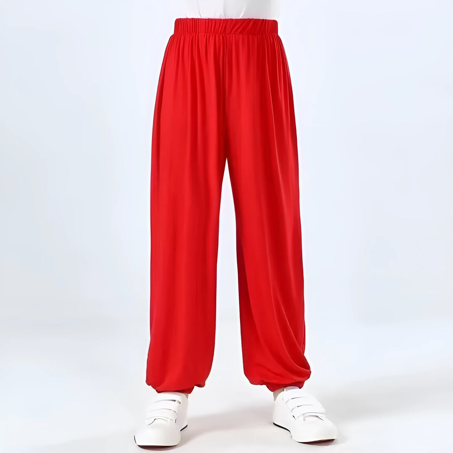 Children's high elasticity martial arts practice pants for Sanda in black, red, or white colours.