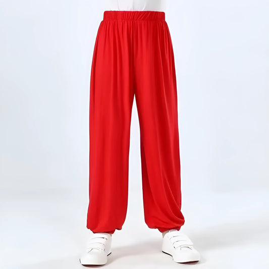 Children's high elasticity martial arts practice pants for Sanda in black, red, or white colours.